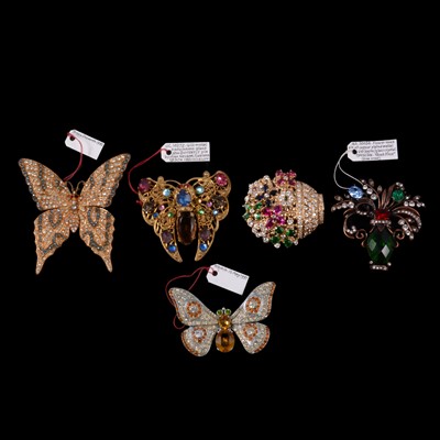 Lot 1190 - Three vintage paste set butterfly brooches and two baskets of flowers.