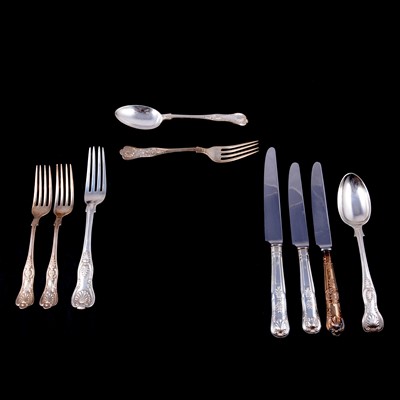 Lot 251 - Mixed silver cutlery, Kings pattern with modern knives.