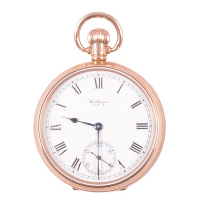 Lot 1071 - Waltham - a 9 carat yellow gold open face pocket watch.