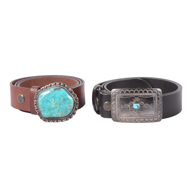 Lot 1258 - Two leather belts with sterling buckles.