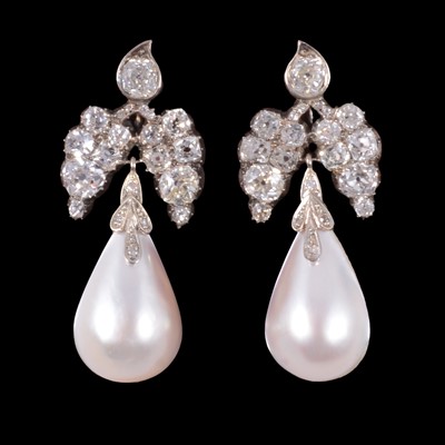 Lot 247 - A pair of diamond drop earrings with faux pearl drops