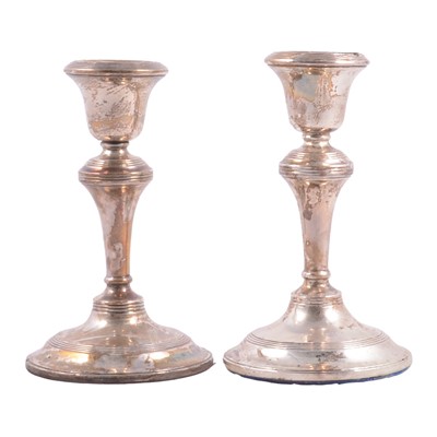 Lot 153 - Pair of silver dwarf candlesticks, maker's mark indistinct, Birmingham 1918.