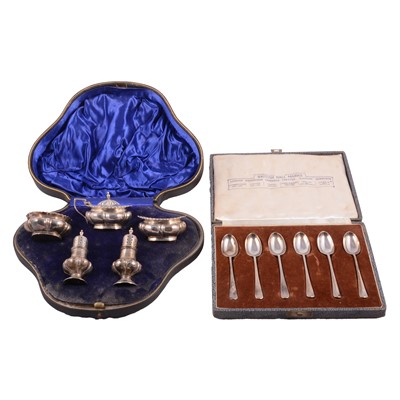 Lot 138 - Five-piece silver condiment set, Levesley Brothers, Sheffield 1906, and set of six silver teaspoons.