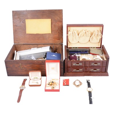 Lot 460 - Vintage costume jewellery, wristwatches and other collectables in a jewel box and wooden box.