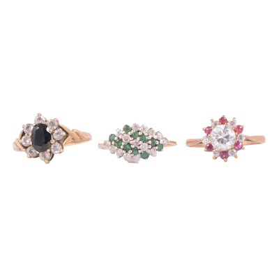 Lot 58 - Three 9 carat gold gemset cluster rings.