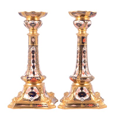 Lot 4 - Pair of Royal Crown Derby Imari candlesticks