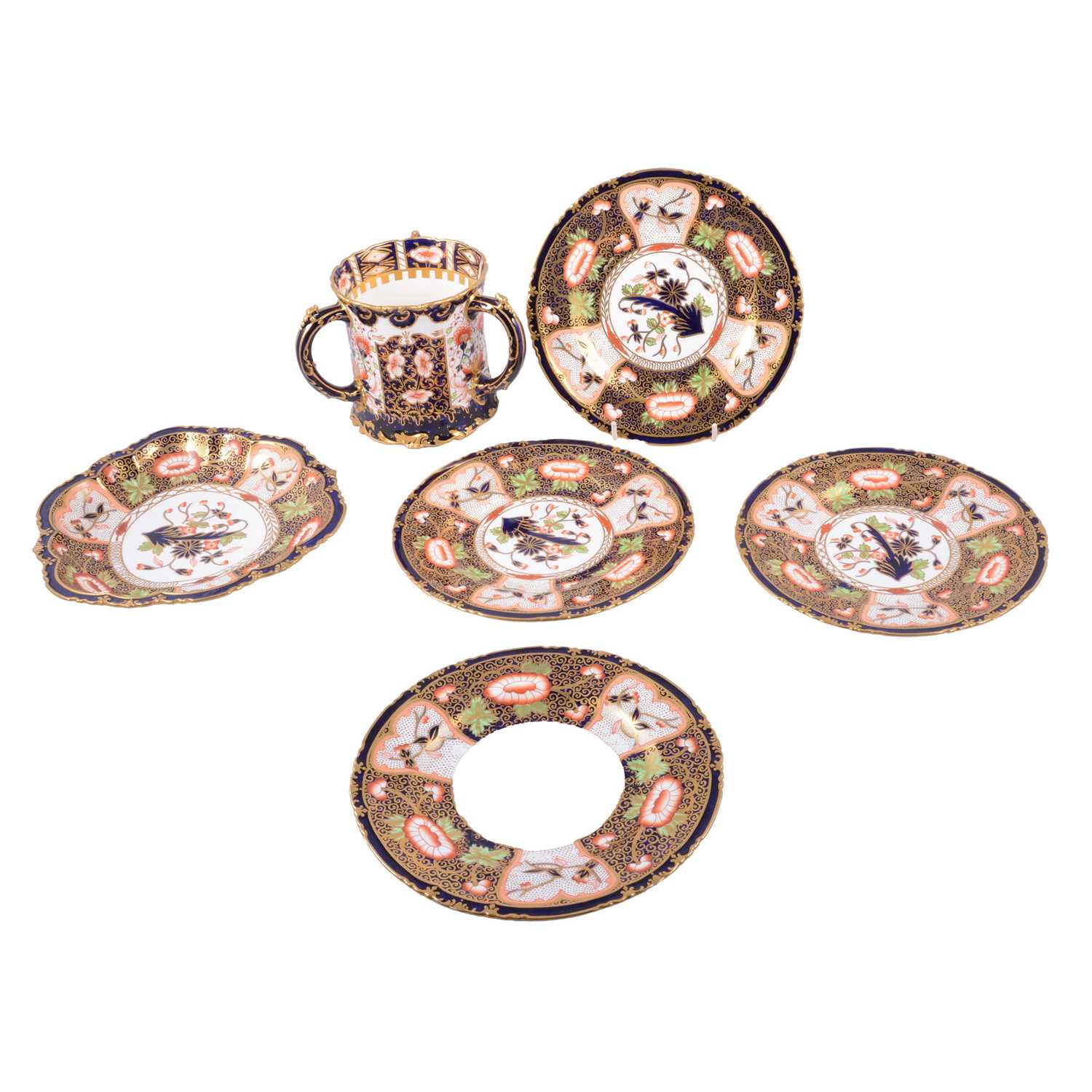 Lot 19 - Set of four Royal Crown Derby Imari plates, matching dish and a tyg