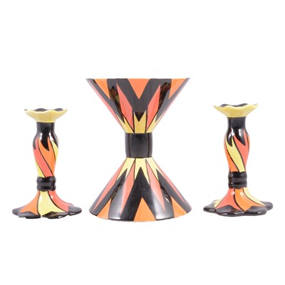 Lot 11 - A Lorna Bailey 'diabolo' signed trial vase, and a pair of candlesticks