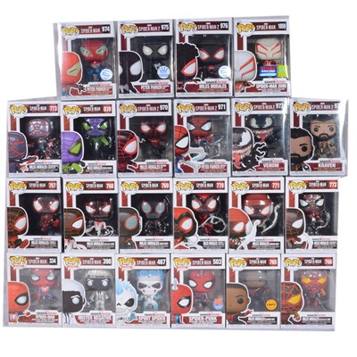 Lot 183 - Funko Pop! 22 Spider-Man, Miles Morales & Spider-Man 2 Game Figures