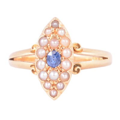 Lot 27 - A Victorian sapphire and seed pearl marquise cluster ring.