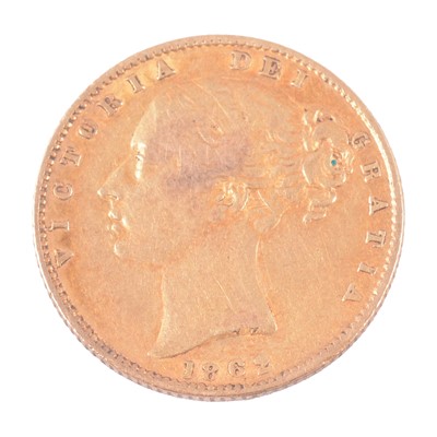 Lot 1139 - A Gold Full Sovereign Coin, Victoria Young Head Shield Back, 1862.