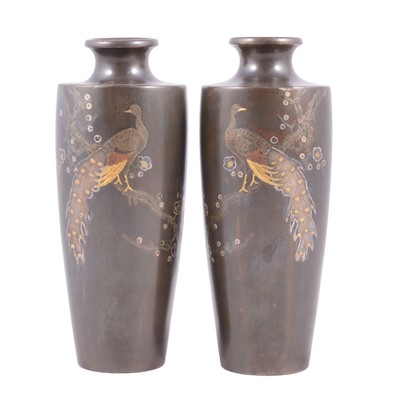 Lot 58 - Pair of Japanese bronze vases with mixed metal inlay