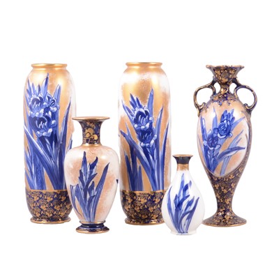 Lot 45 - Pair of Doulton Burslem blue and gilt pottery vases and three others