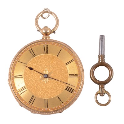 Lot 1077 - A yellow metal open face pocket watch.