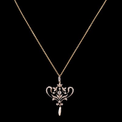 Lot 280 - A diamond and pearl pendant on a chain.