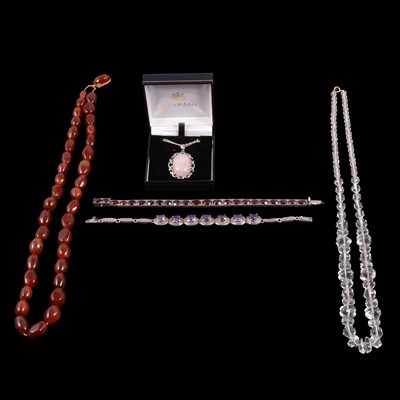 Lot 439 - Two silver gemset bracelets, rose quartz pendant and chain, and two bead necklaces.