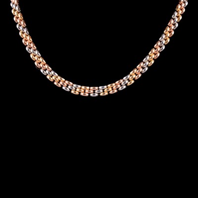 Lot 354 - A 9 carat tri-colour three bar gold necklace.