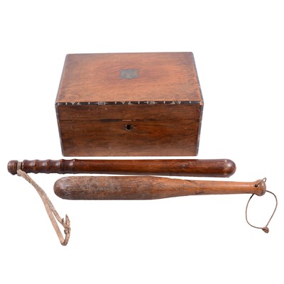 Lot 71 - Victorian rosewood work box; and two old truncheons.