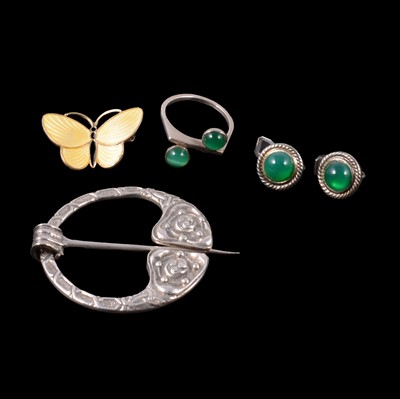 Lot 426 - A Norwegian yellow enamel butterfly brooch, green onyx ring and earclips, Celtic brooch.