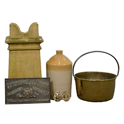 Lot 335 - Chimney pot, brass Insurance plaque, horse brasses, etc