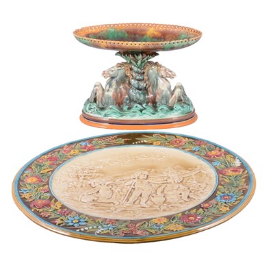 Lot 102 - Wedgwood majolica table centre and a Schutz Cilli majolica charger