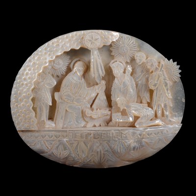 Lot 128 - Carved abolone shell, The Adoration of The Shepherds