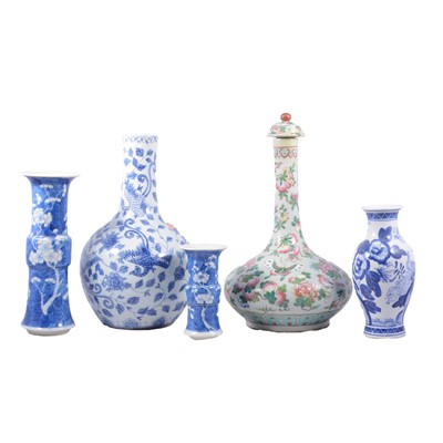 Lot 108 - Chinese celadon ground butterfly bottle vase and cover, blue and white vases, etc