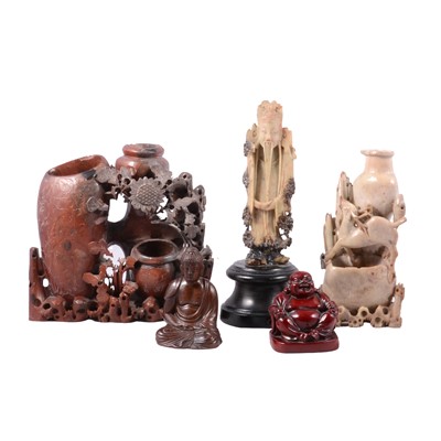 Lot 105 - Collection of Asian carved soapstone figures, vases and objects