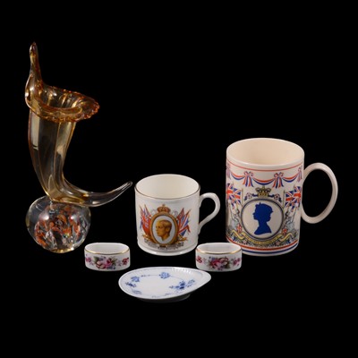 Lot 133 - Box of mixed decorative ceramics and glass, commemorative wares etc.