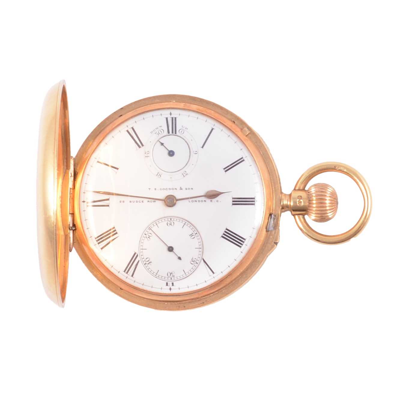 Lot 1068 - T S Cogdon & Son - an 18 carat yellow gold full hunter pocket watch.
