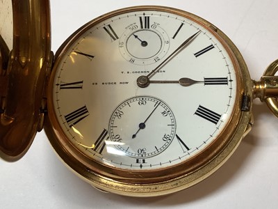 Lot 1068 - T S Cogdon & Son - an 18 carat yellow gold full hunter pocket watch.