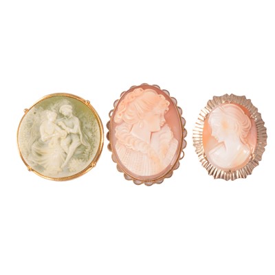 Lot 203 - Two carved shell cameo brooches, and a costume jewellery cameo brooch.