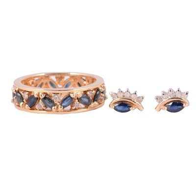 Lot 21 - A sapphire and diamond full eternity ring, and a pair of earrings.