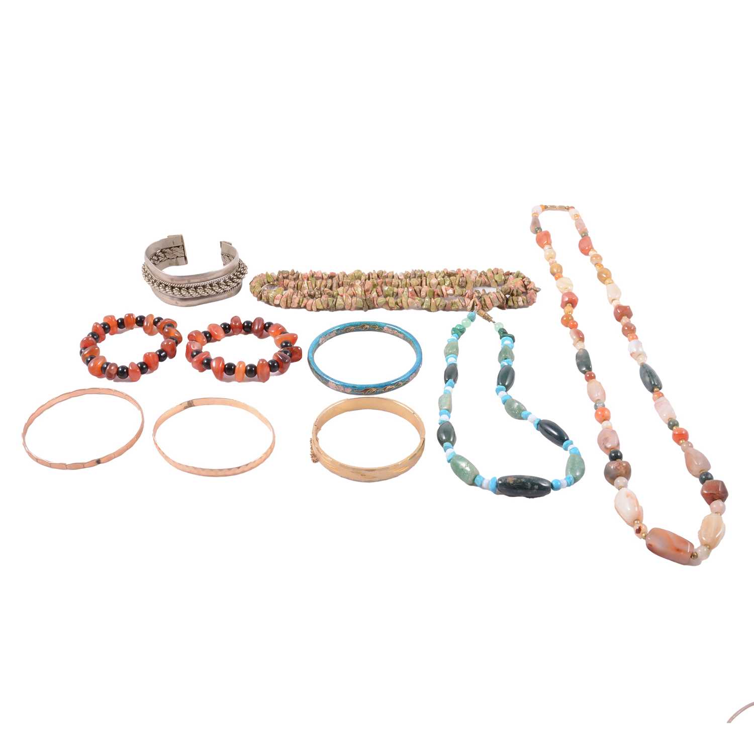 Lot 398 - Yellow metal, gold-plated, white metal and gemstone jewellery.