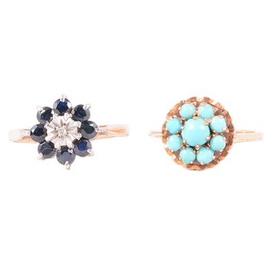 Lot 49 - Two gold dress rings, turquoise, sapphire and diamond.