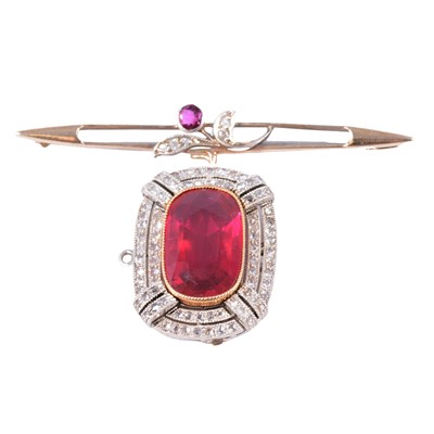 Lot 187 - A synthetic ruby and rose cut diamond brooch pendant.