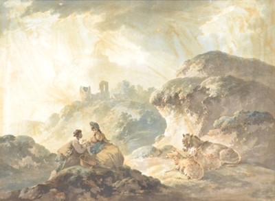 Lot 216 - Peter Le Cave, Figures in a landscape, with a donkey and two sheep, 1799