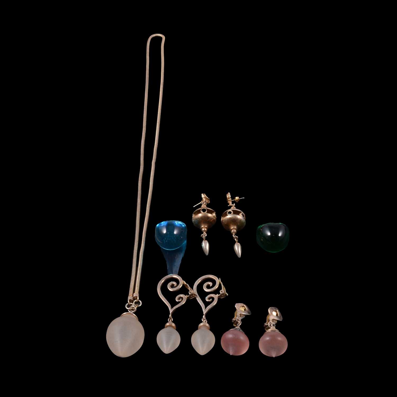 Lot 472 - Two Lalique glass rings, Dinny Hall necklace and earrings, other earrings.