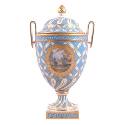 Lot 1 - Sevres style blue celeste covered urn, probably Limoges