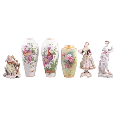 Lot 24 - CHelseas style vase, a Minton cabinet vase, and Continental figurines