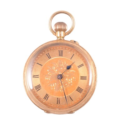 Lot 1075 - An 18 carat yellow gold open face pocket watch.