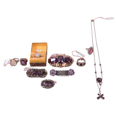 Lot 1191 - 1930's and later faux amethyst jewellery and other dress rings.