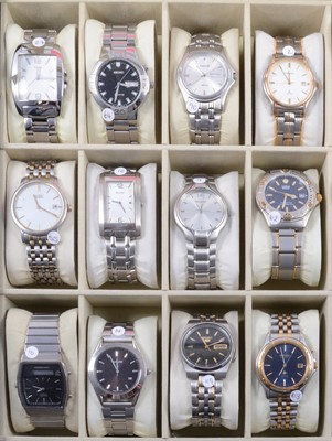 Lot 1051 - Twelve Seiko, Accurist, Lorus, Citizen, Timex gentlemen's stainless steel wristwatches, storage/display case