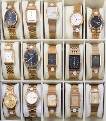 Lot 1052 - Fifteen Seiko, Accurist, Citizen, Avia gentlemen's gold-plated bracelet watches, with storage/display case.