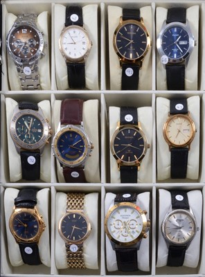 Lot 1065 - Twelve Seiko, Accurist, Sekonda, Citizen, Pulsar gentleman's wristwatches, storage/display case for twenty-four watches.