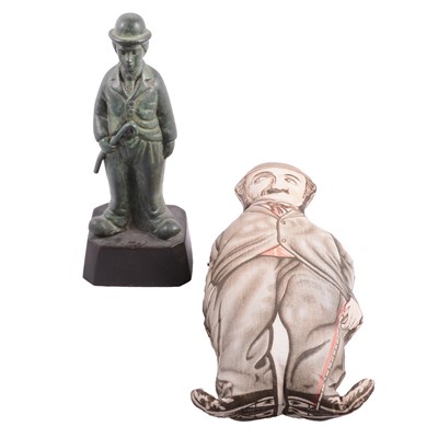 Lot 77 - Charlie Chaplin: a patinated spelter sculpture, cane, and soft toy