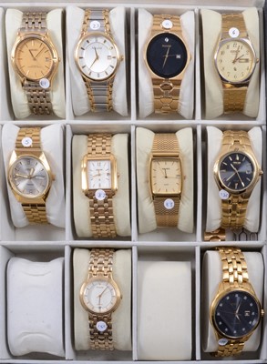 Lot 1059 - Ten Seiko, Accurist, Citizen, gentlemen's gold-plated bracelet wristwatches, with storage/display case.