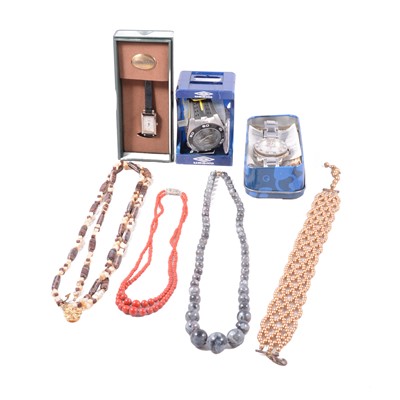 Lot 485 - A collection of costume jewellery necklaces, wristwatches, penknives and coins.