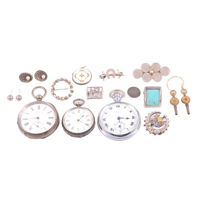 Lot 433 - White metal pocket watch, fob watch, stainless steel pocket watch, and some white metal jewellery.