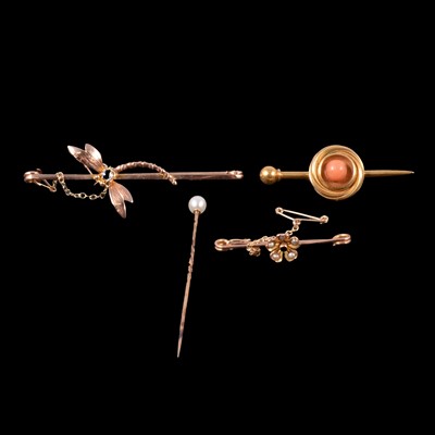 Lot 204 - A dragonfly bar brooch, coral bar brooch, floral bar brooch and pearl stick pin.